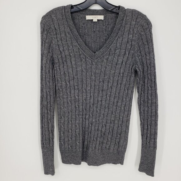 3/$25 LOFT Cable Knit Metallic Sparkle Sweater XS Wool Cotton Blend V Neck Gray - Picture 1 of 7
